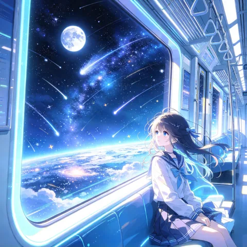 窗外是地球与星空的人物插画