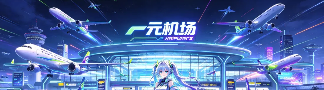 夜晚机场航站楼前长发少女与小机器人的动漫风插画(上半)