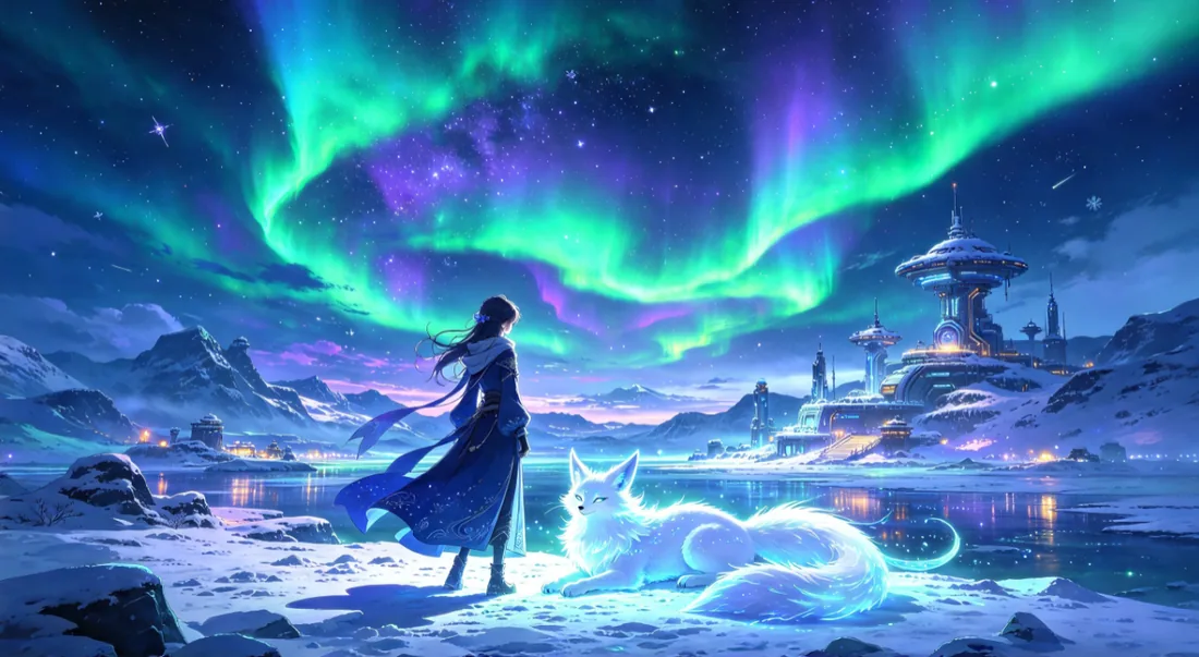 极光下雪原上的人物与小狐狸的插画